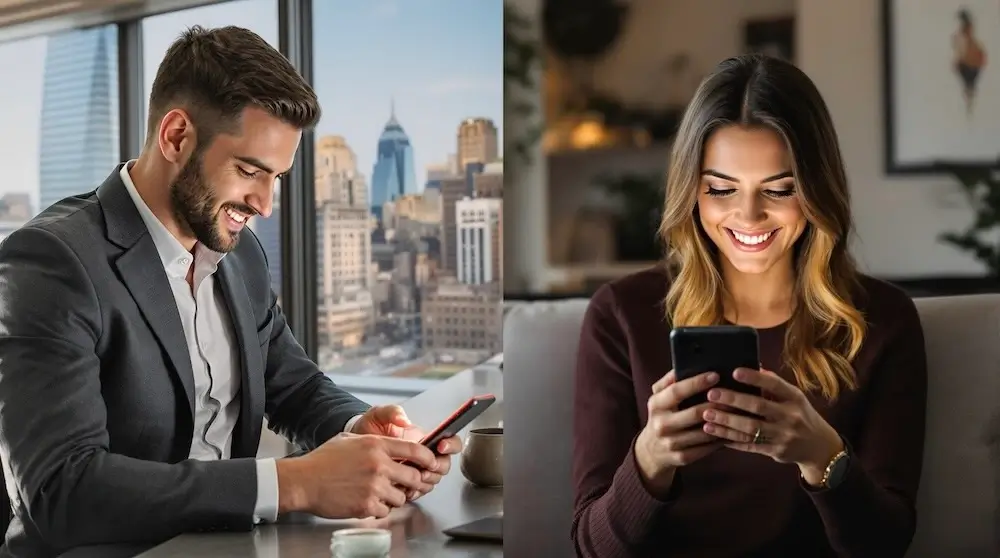 A professional man and woman connecting over a dating app on their phones.