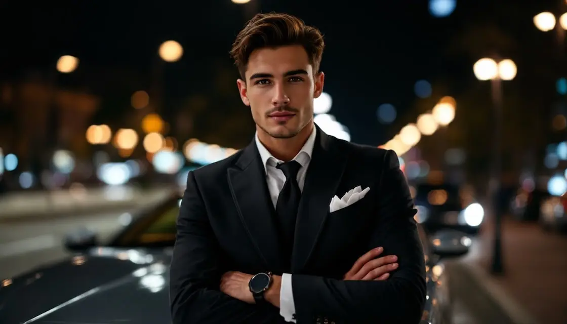 A professional man in a suit standing confidently in a city at night.
