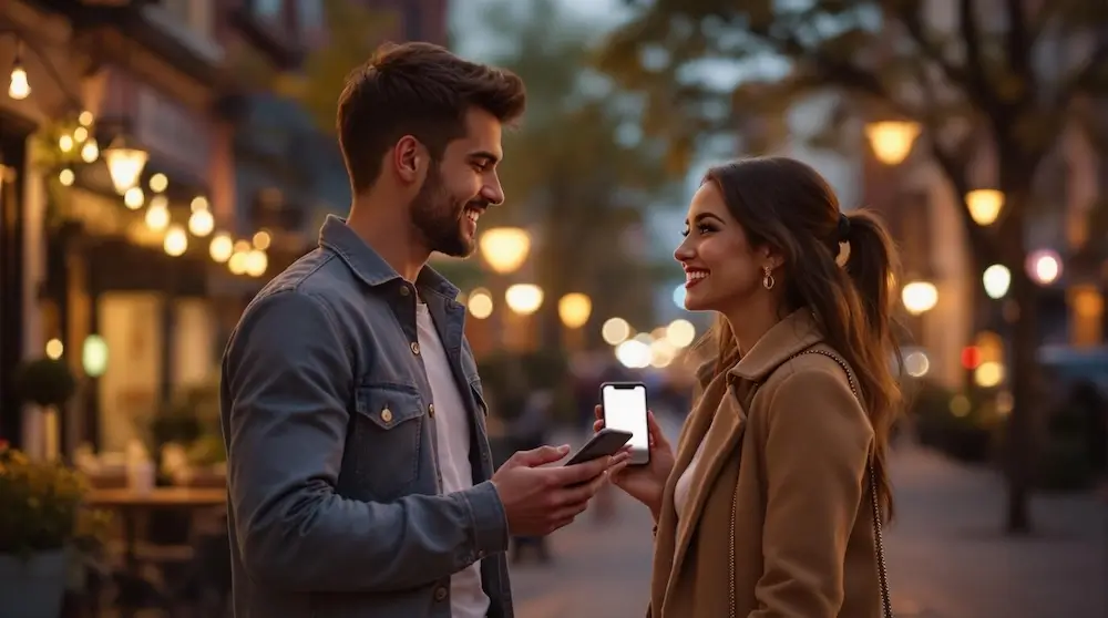 A romantic couple walking down a city street at night, with warm lights creating a connection.