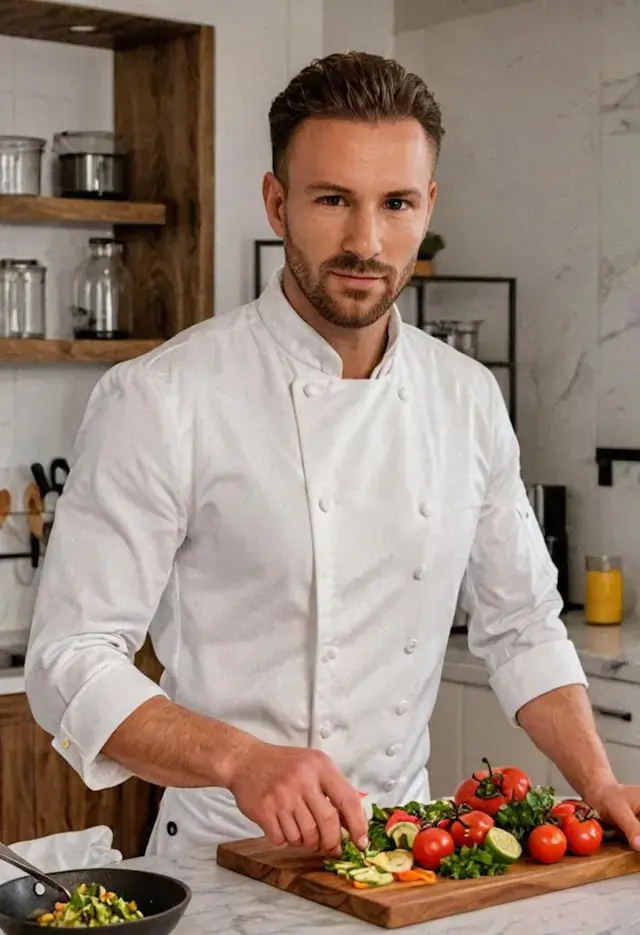 A man cooking and holding eye contact