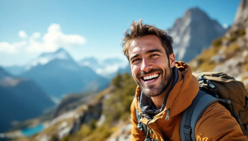 A man hiking on a mountain trail, smiling at the camera, showcasing an active hobby for a dating profile