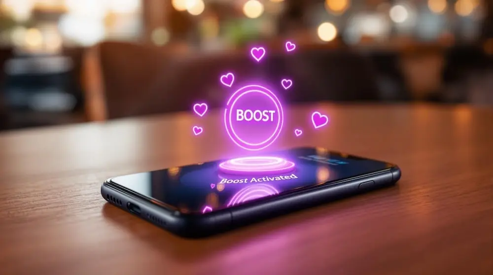 Smartphone displaying the Tinder app with the Boost feature activated
