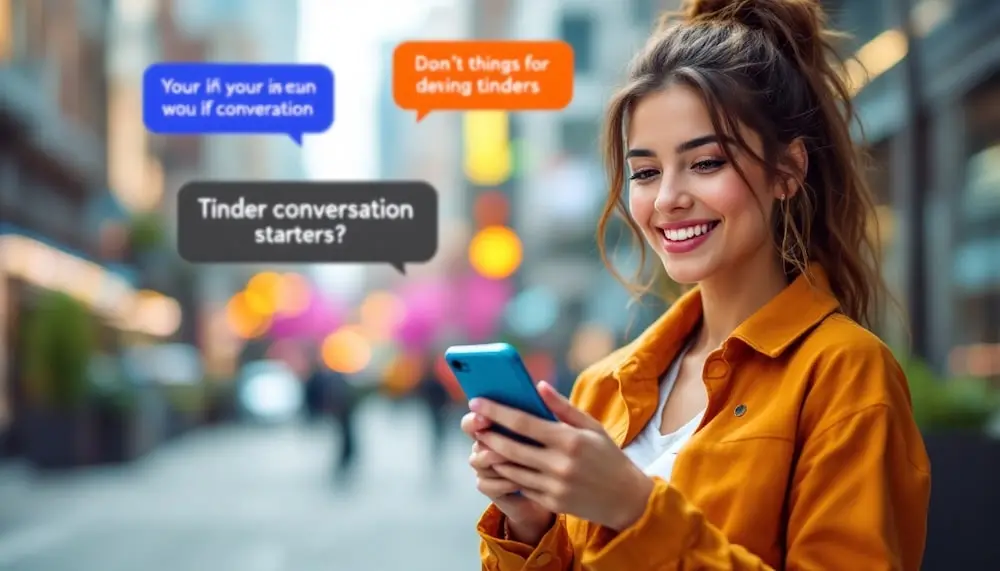 A woman smiling at her phone while using Tinder