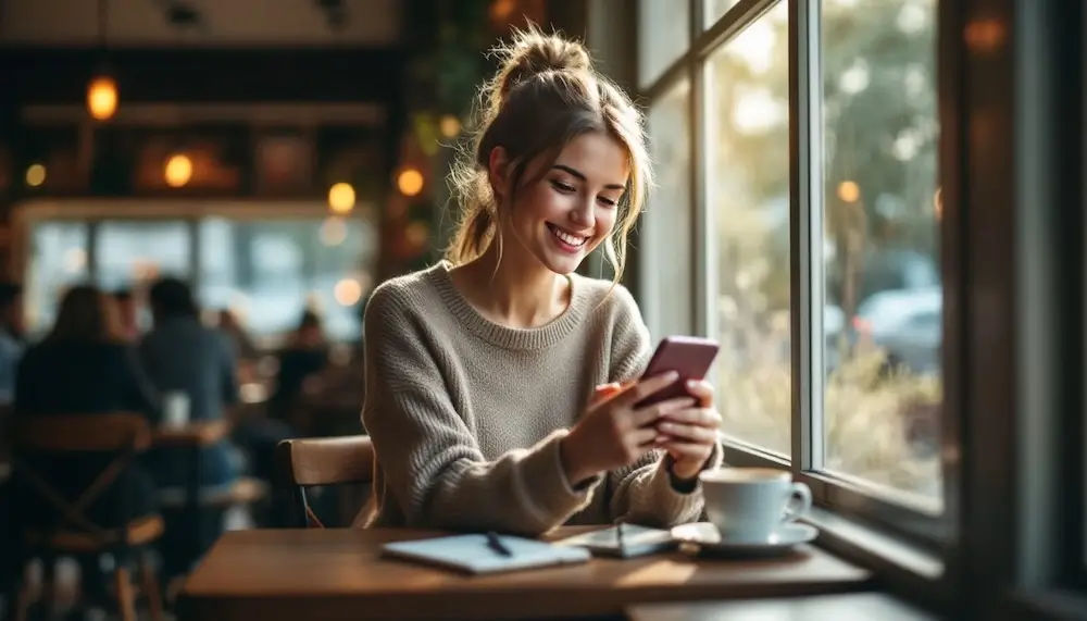 A woman smiling while looking at her smartphone in a bright, cozy cafe.